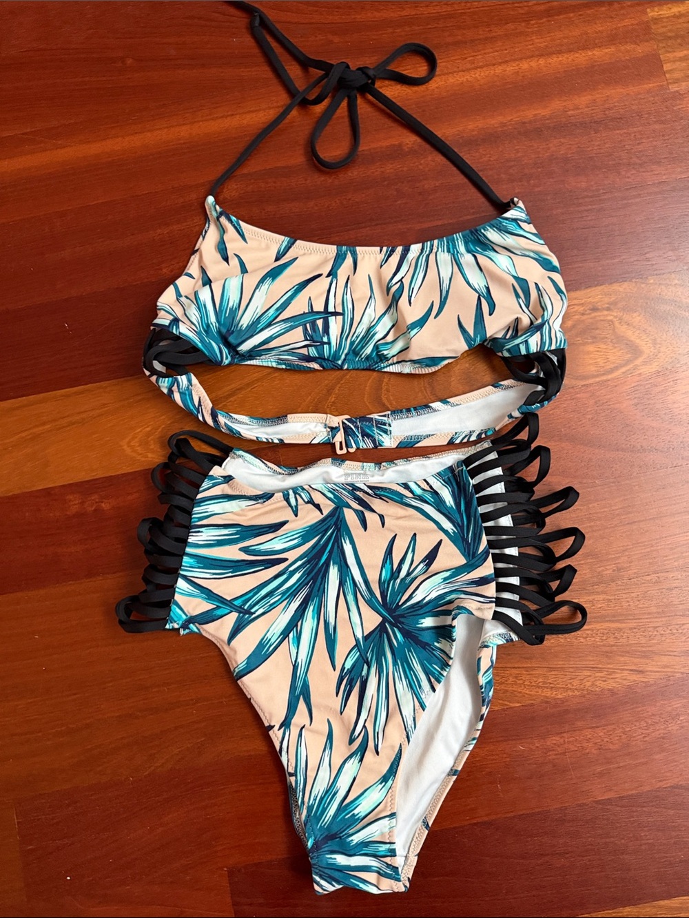 PINK Victoria's Secret Teal Palm Print Bikini Bottoms with Cream Trim